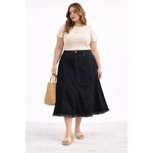 Black Jean Denim Midi Skirt Plus Size 20W Frayed Hem A Line Raw Edge
